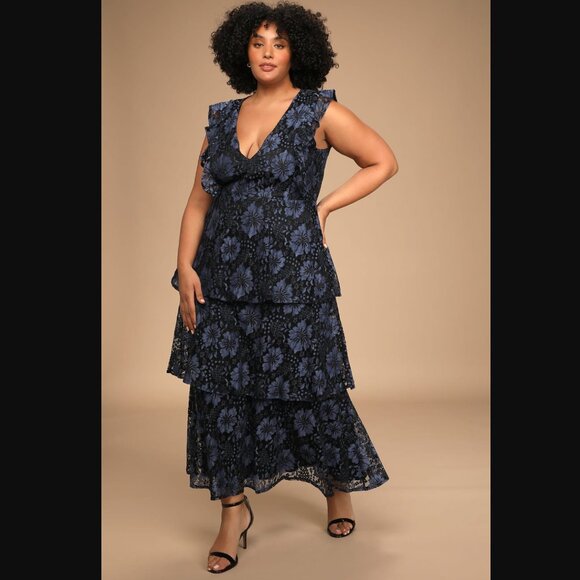 Lulus - NWT - Molinetto Navy Blue Lace Ruffled Tiered Sleeveless Maxi Dress - Picture 5 of 7